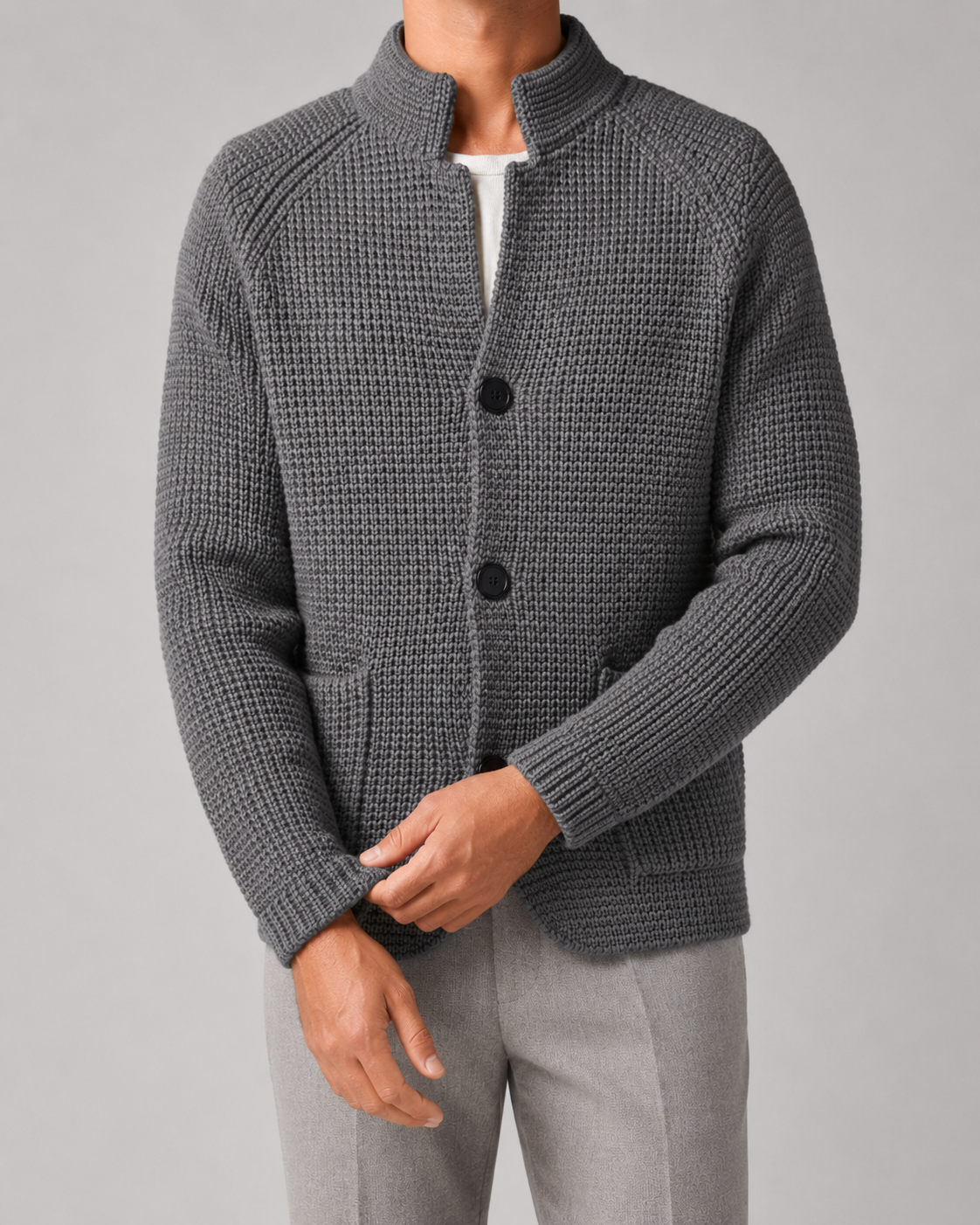 Men's Chunky Knit Cardigan Sweater - Stand Collar