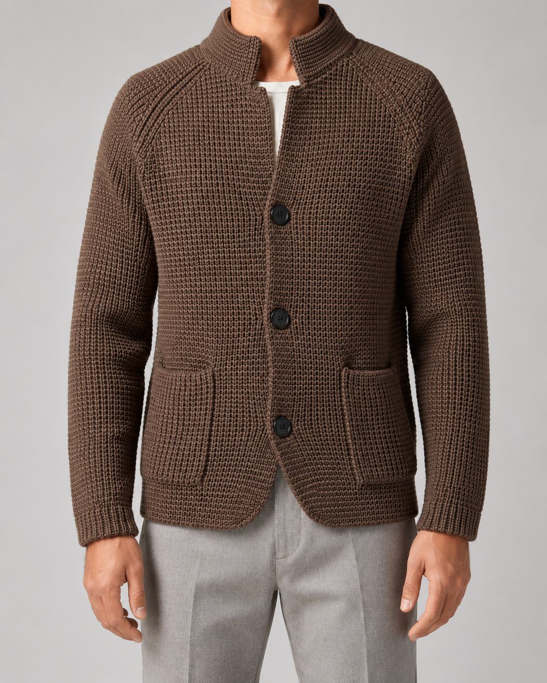 Men's Chunky Knit Cardigan Sweater - Stand Collar