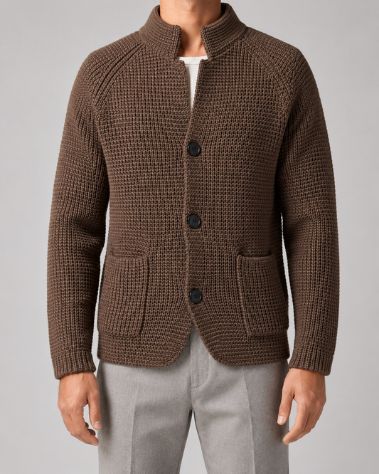 Men's Chunky Knit Cardigan Sweater - Stand Collar