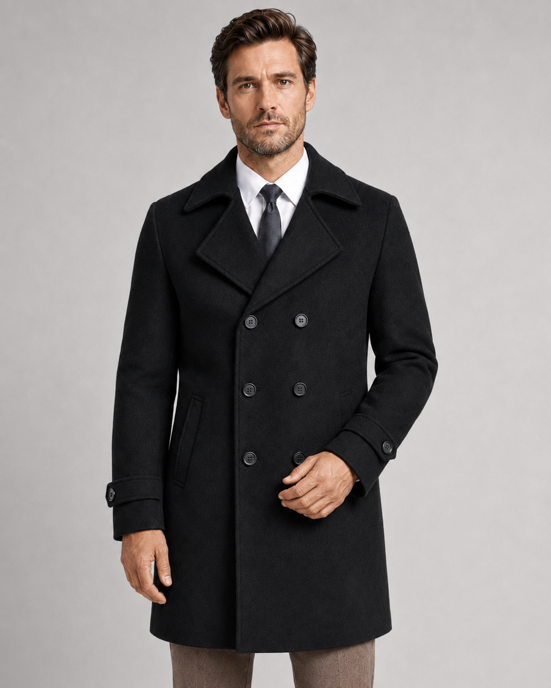 Men's Wool Overcoat - Double Breasted Wide Lapel