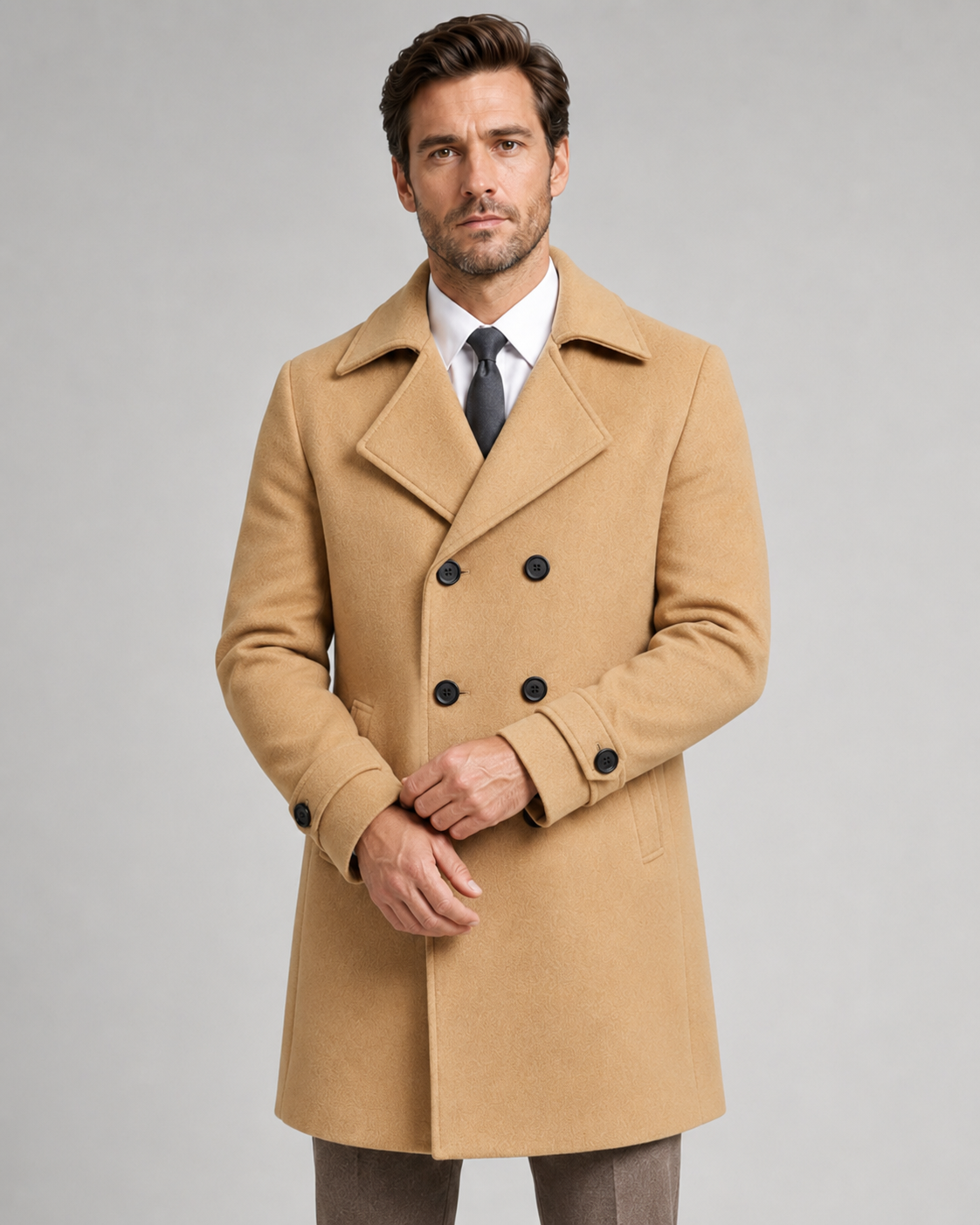 Men's Wool Overcoat - Double Breasted Wide Lapel