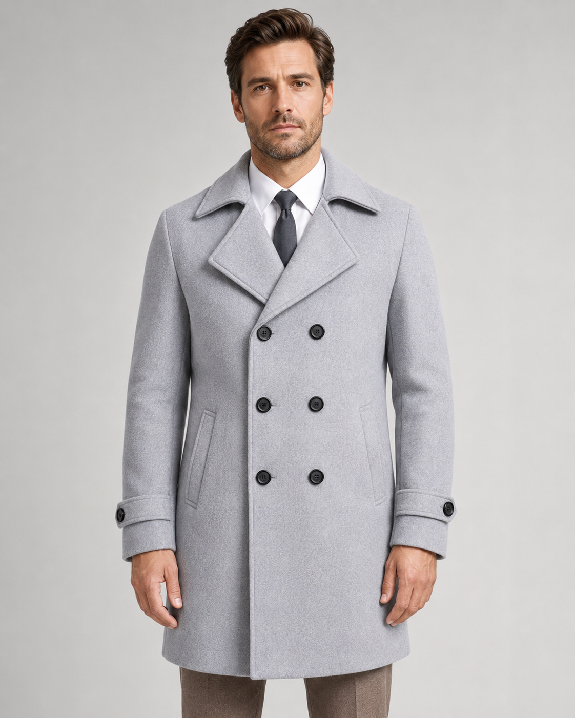 Men's Wool Overcoat - Double Breasted Wide Lapel