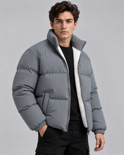 Men's Puffer Jacket - Fleece Lined Funnel Neck