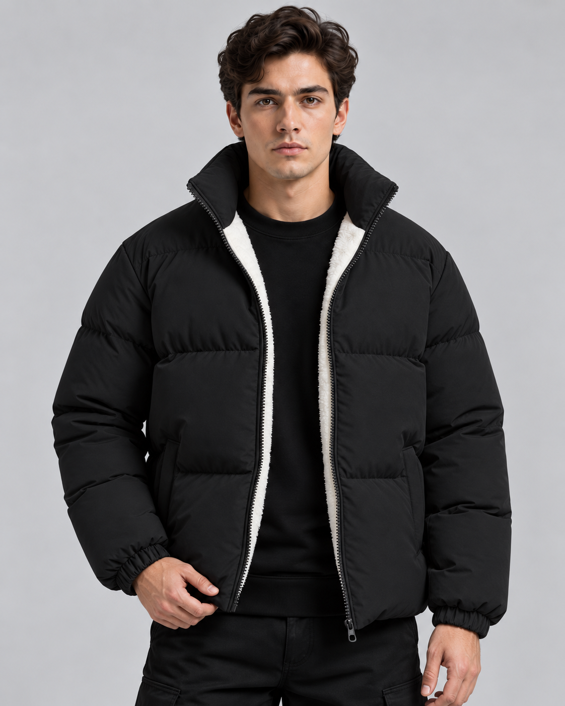 Men's Puffer Jacket - Fleece Lined Funnel Neck