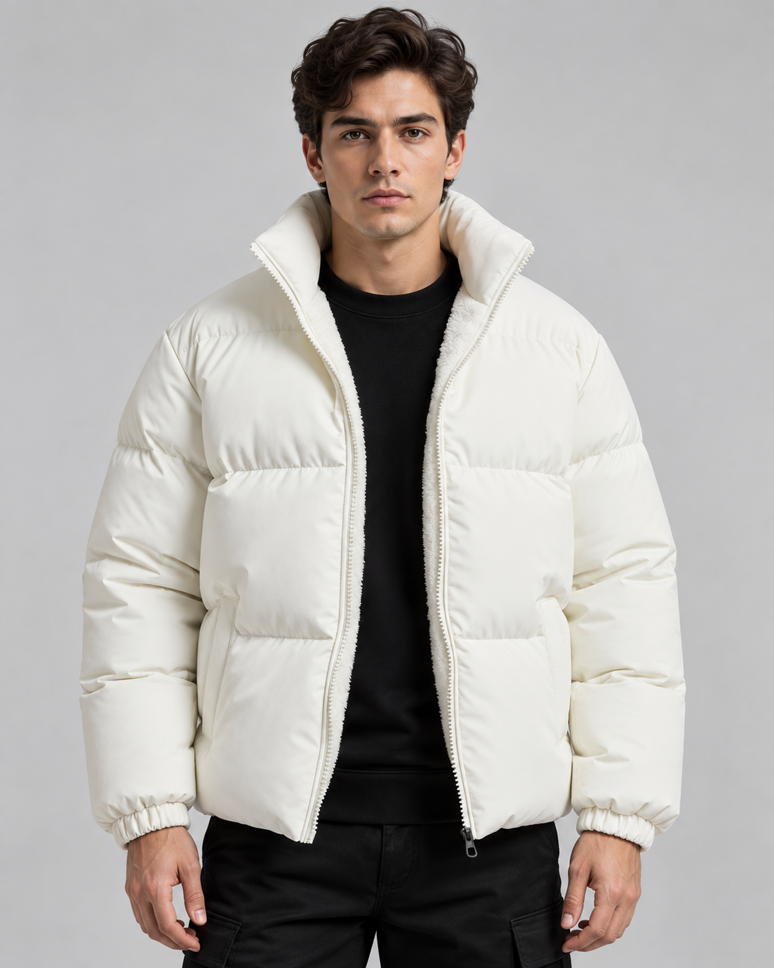 Men's Puffer Jacket - Fleece Lined Funnel Neck