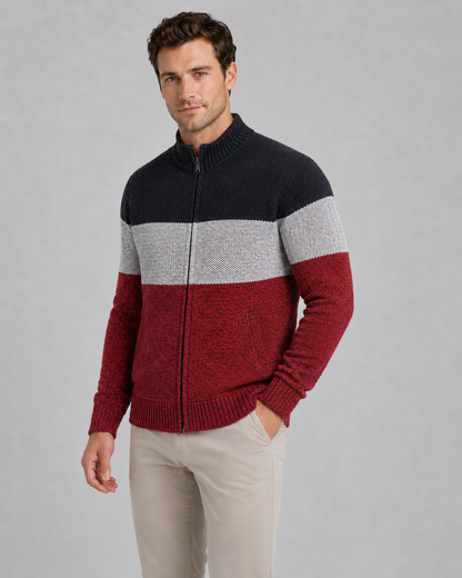 Men's Full Zip Cardigan Sweater - Color Block Stand Collar