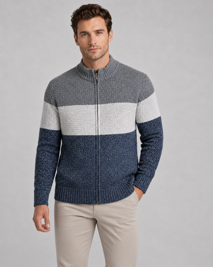 Men's Full Zip Cardigan Sweater - Color Block Stand Collar