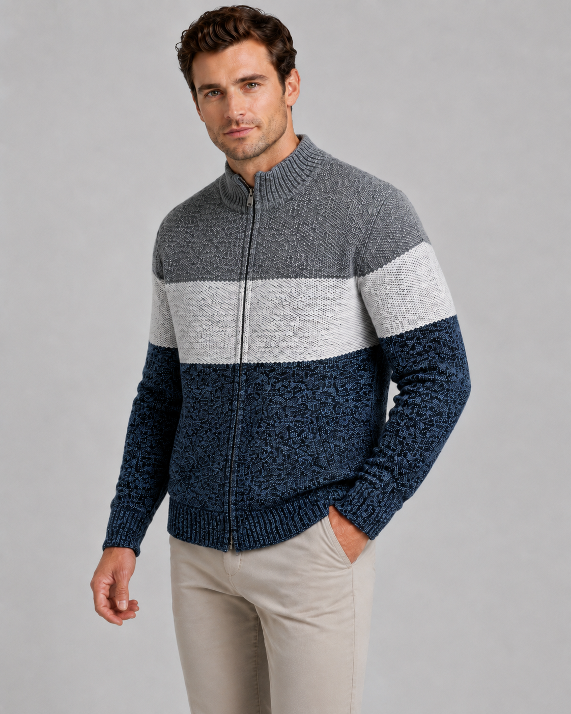 Men's Full Zip Cardigan Sweater - Color Block Stand Collar