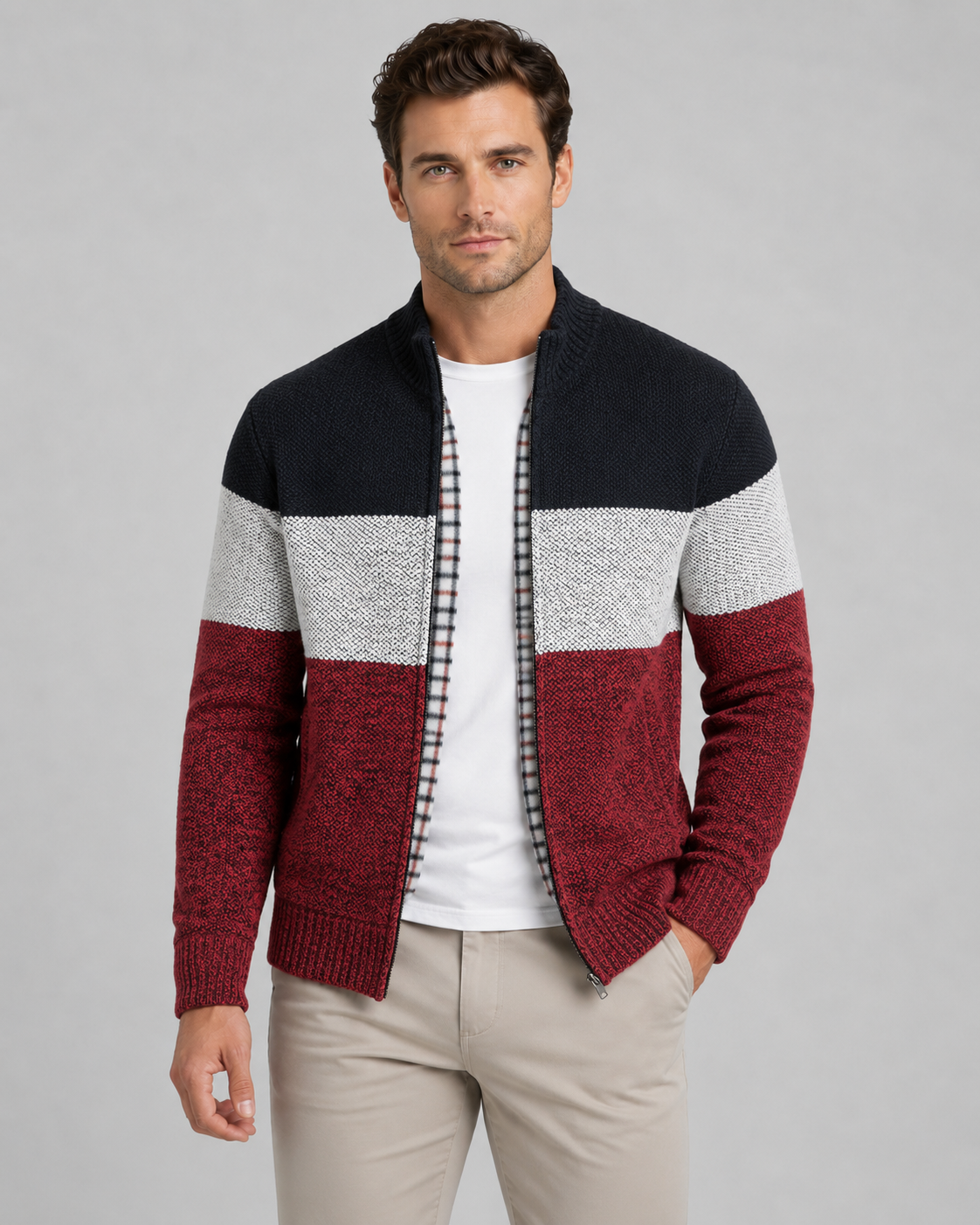 Men's Full Zip Cardigan Sweater - Color Block Stand Collar
