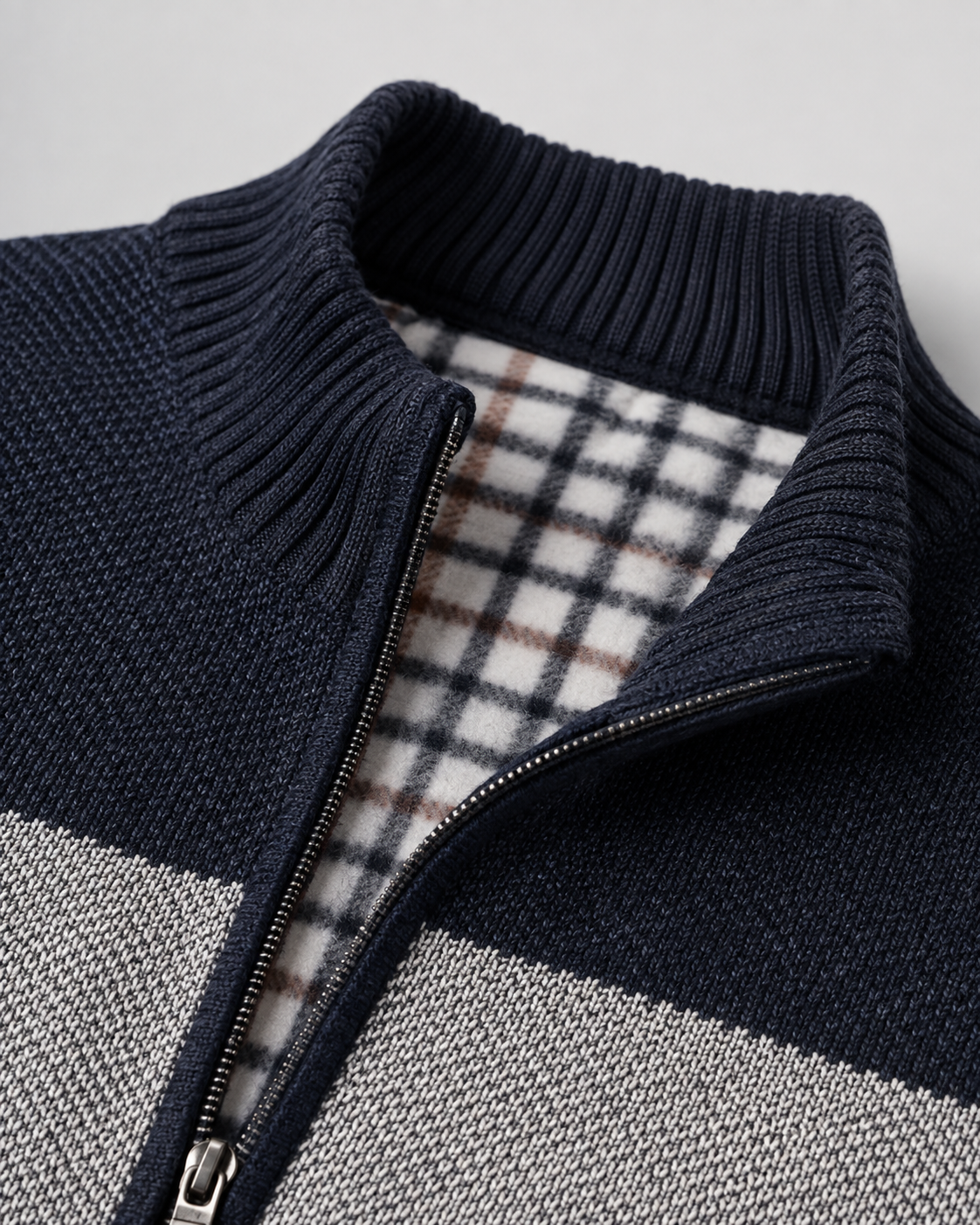 Men's Full Zip Cardigan Sweater - Color Block Stand Collar