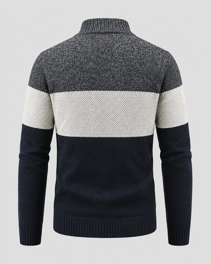 Men's Full Zip Cardigan Sweater - Color Block Stand Collar