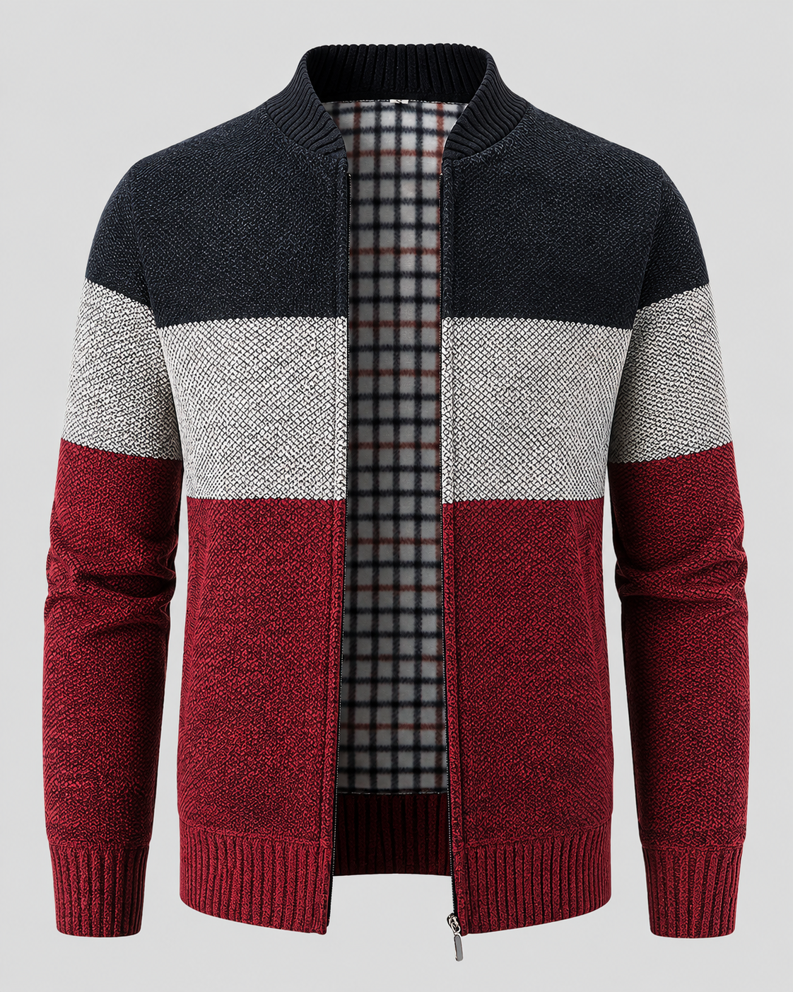 Men's Full Zip Cardigan Sweater - Color Block Stand Collar