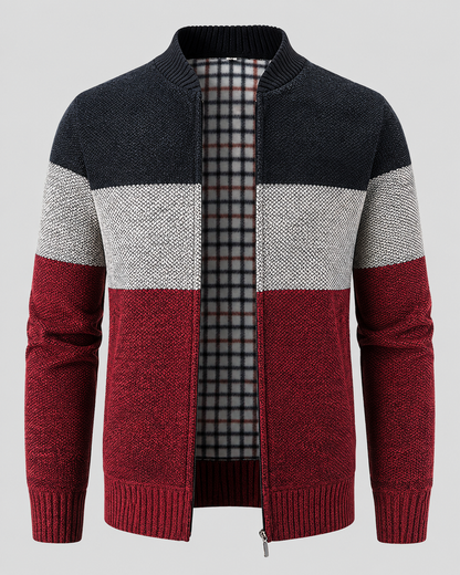 Men's Full Zip Cardigan Sweater - Color Block Stand Collar
