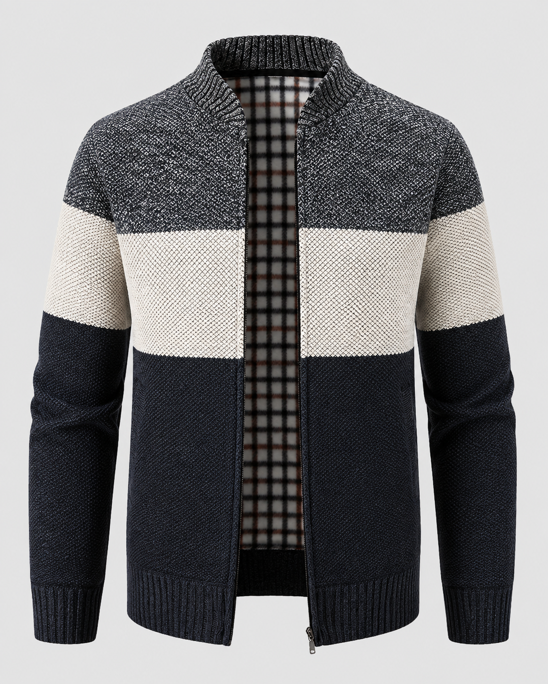 Men's Full Zip Cardigan Sweater - Color Block Stand Collar
