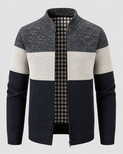 Men's Full Zip Cardigan Sweater - Color Block Stand Collar