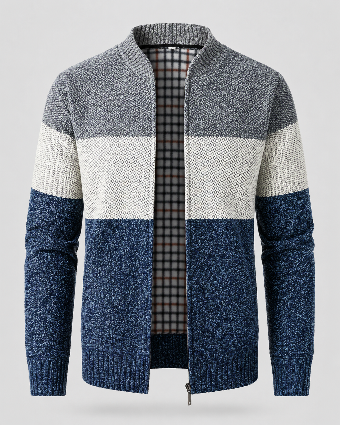 Men's Full Zip Cardigan Sweater - Color Block Stand Collar