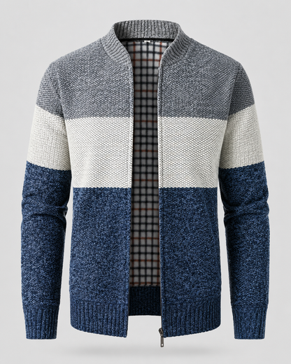 Men's Full Zip Cardigan Sweater - Color Block Stand Collar