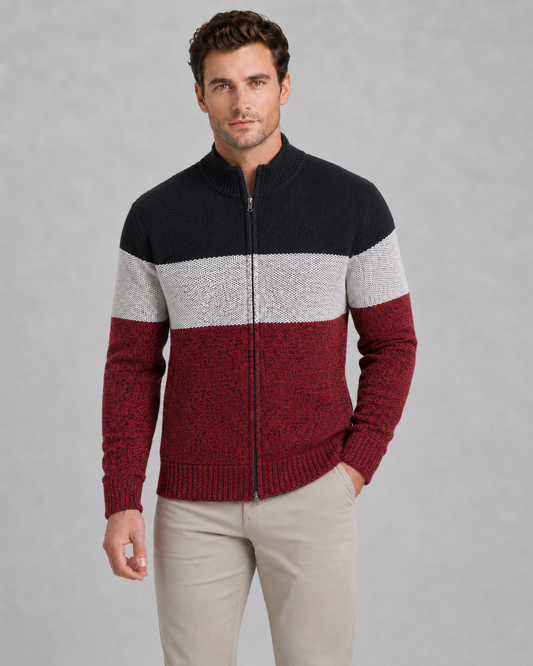 Men's Full Zip Cardigan Sweater - Color Block Stand Collar