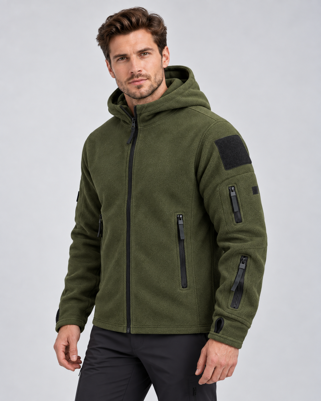 Men's Fleece Jacket - Full Zip Hooded Multi Pocket