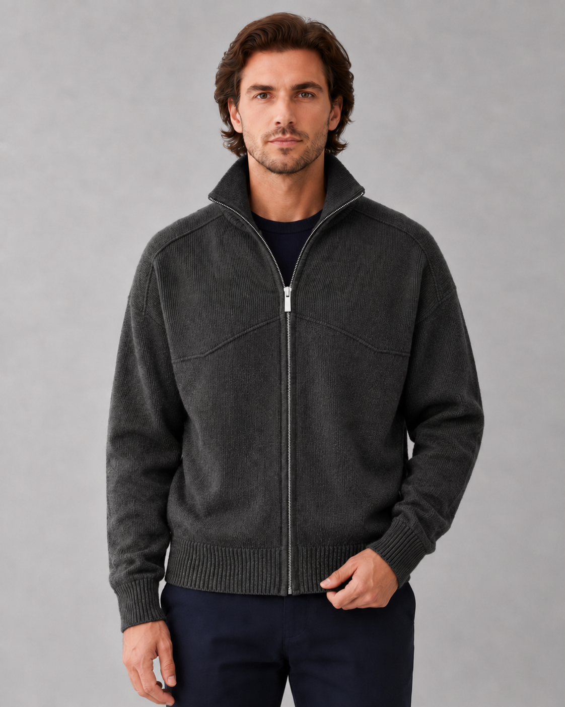 Men's Knit Cardigan Sweater - Full Zip Contrast Collar