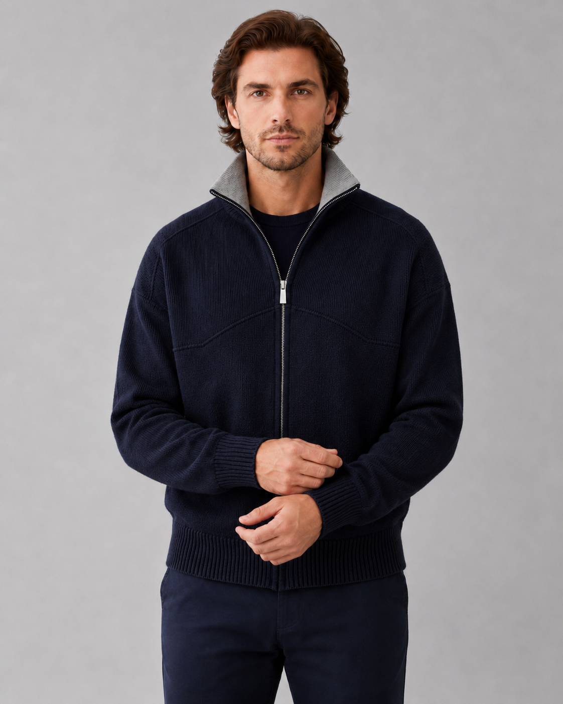 Men's Knit Cardigan Sweater - Full Zip Contrast Collar