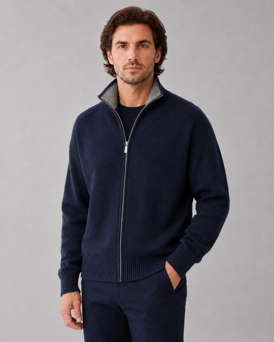 Men's Knit Cardigan Sweater - Full Zip Contrast Collar