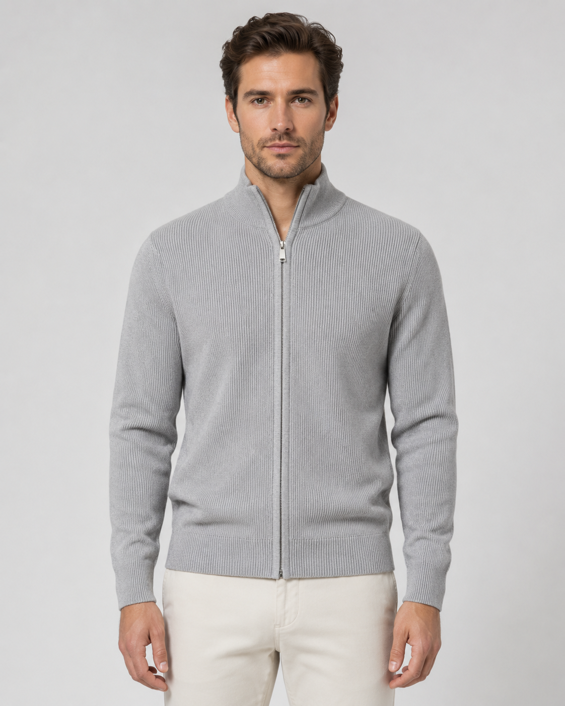 Men's Full Zip Cardigan Sweater - Knit Stand Collar
