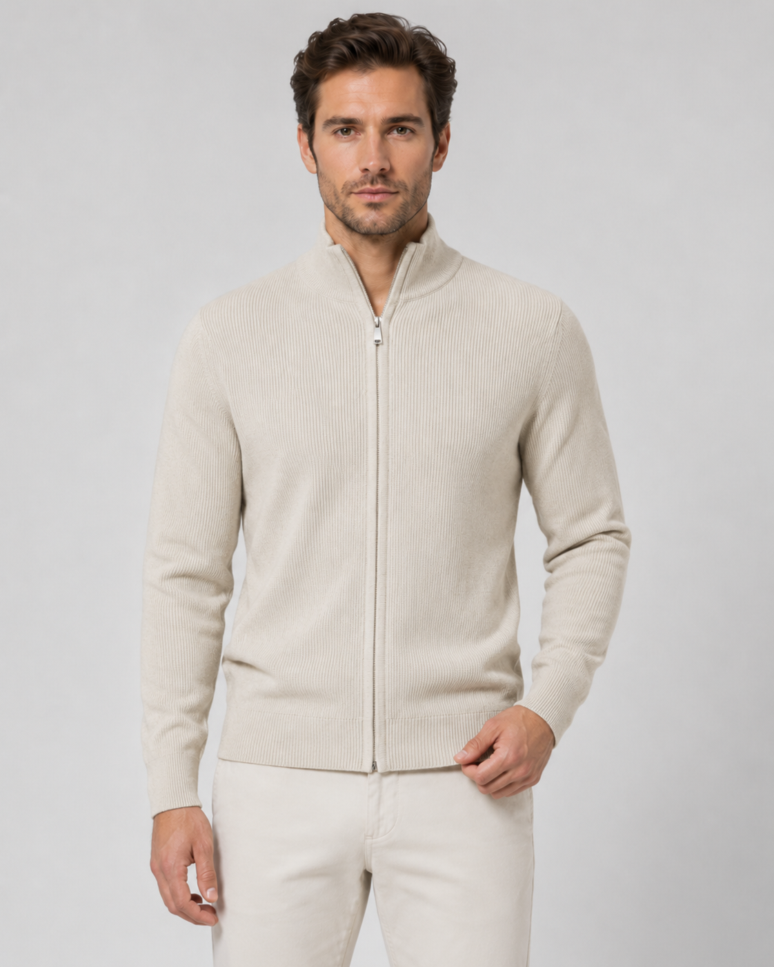 Men's Full Zip Cardigan Sweater - Knit Stand Collar