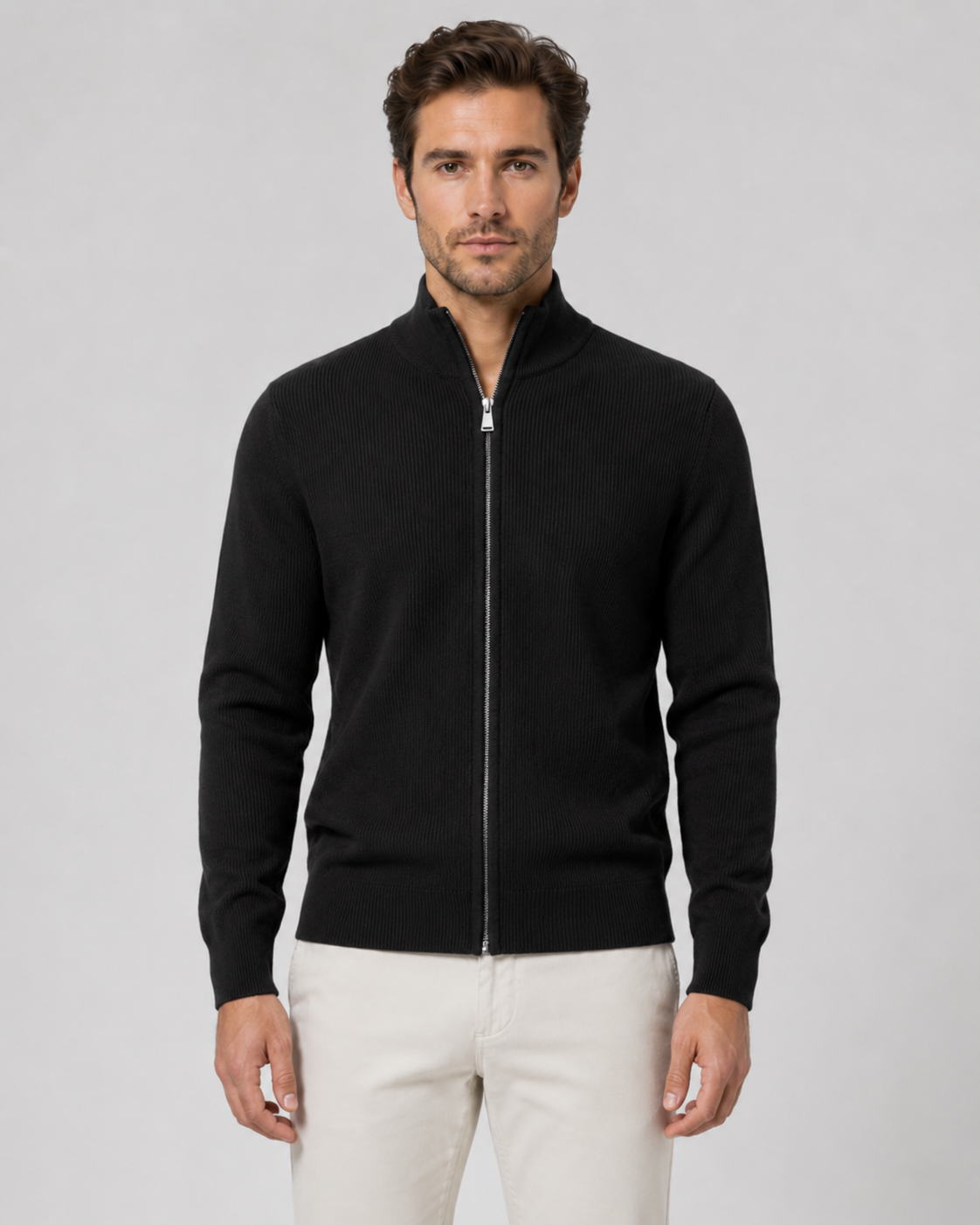 Men's Full Zip Cardigan Sweater - Knit Stand Collar