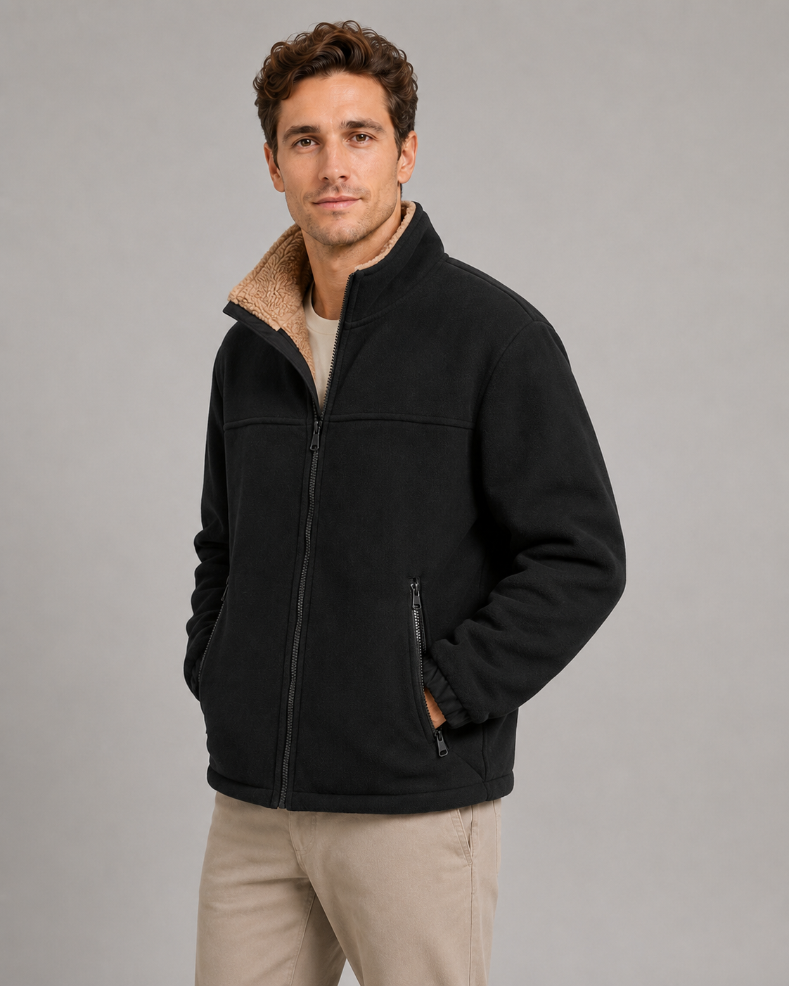 Men's Sherpa Fleece Jacket - Full Zip Stand Collar