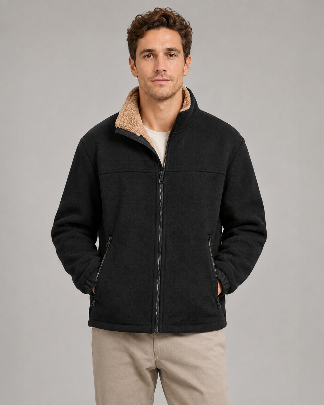 Men's Sherpa Fleece Jacket - Full Zip Stand Collar