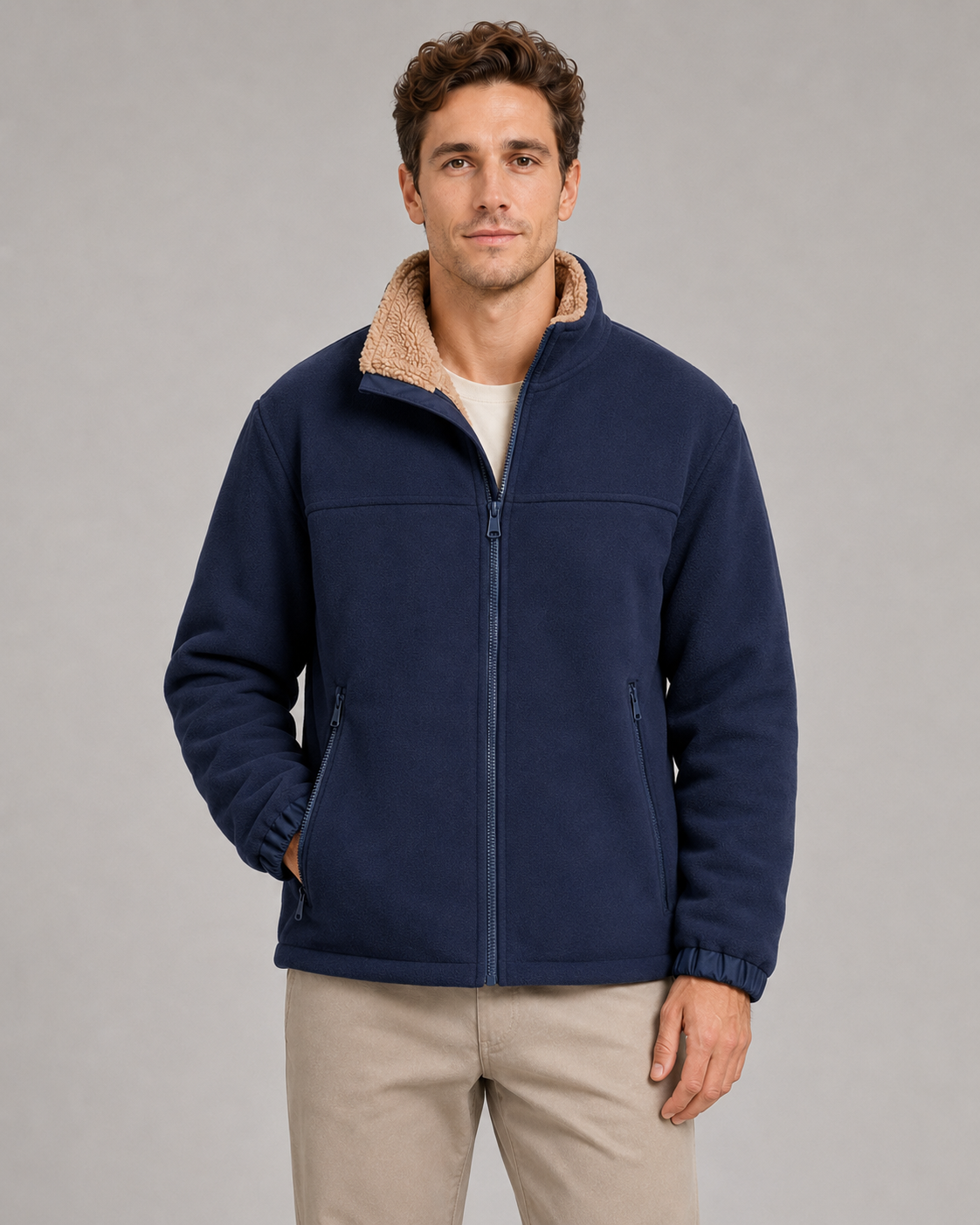 Men's Sherpa Fleece Jacket - Full Zip Stand Collar