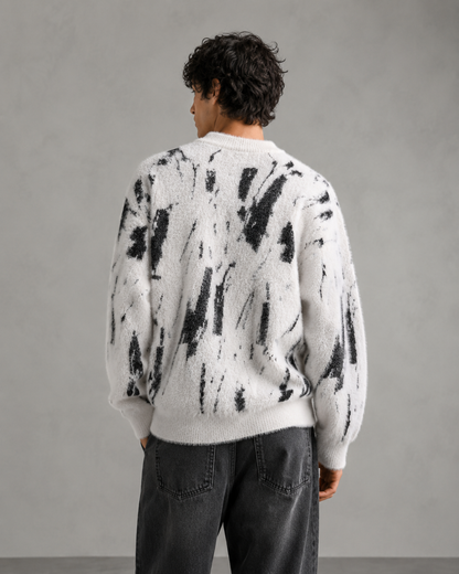 Men's Fuzzy Knit Sweater - Abstract Print Relaxed Fit
