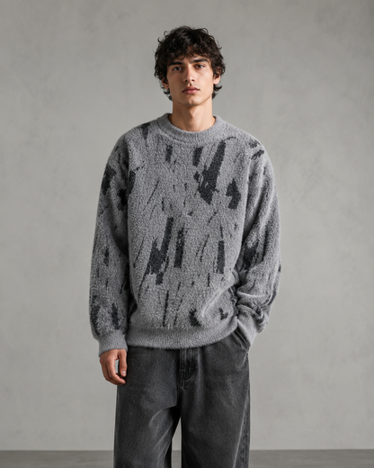 Men's Fuzzy Knit Sweater - Abstract Print Relaxed Fit