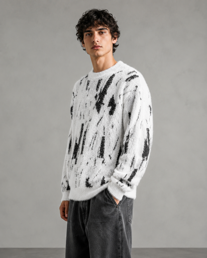 Men's Fuzzy Knit Sweater - Abstract Print Relaxed Fit