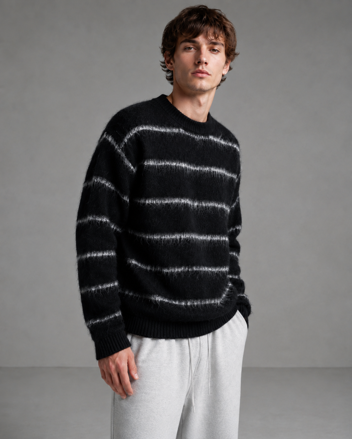 Men's Striped Fuzzy Knit Sweater - Relaxed Boxy Fit