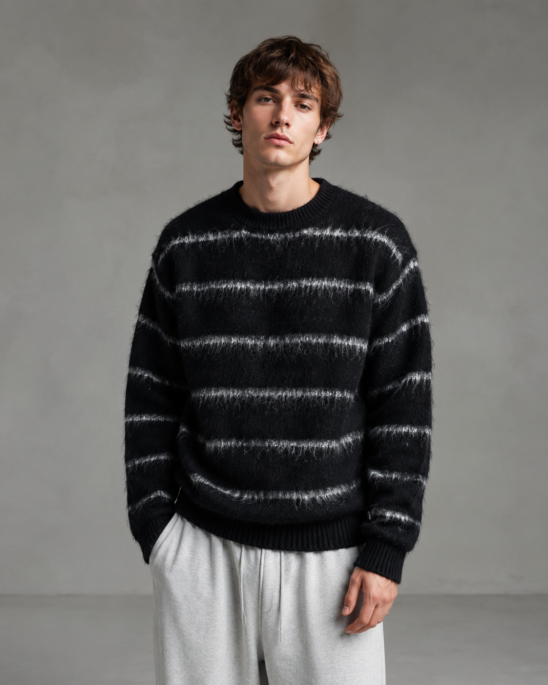 Men's Striped Fuzzy Knit Sweater - Relaxed Boxy Fit