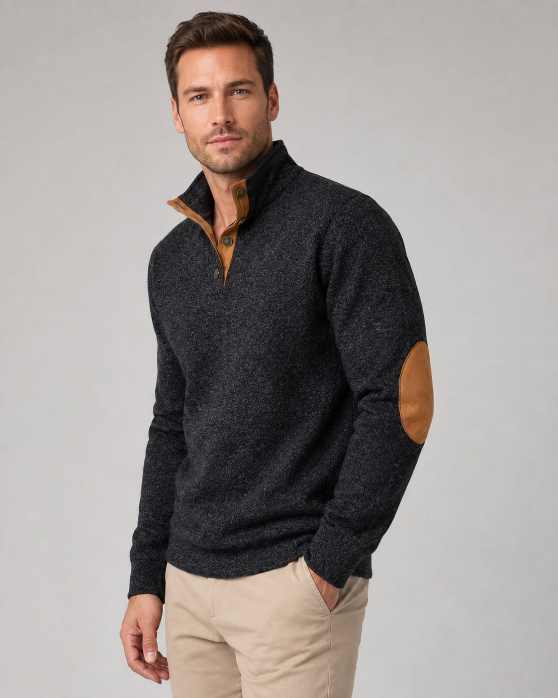 Men's Button Neck Sweater - Heathered Stand Collar Knit