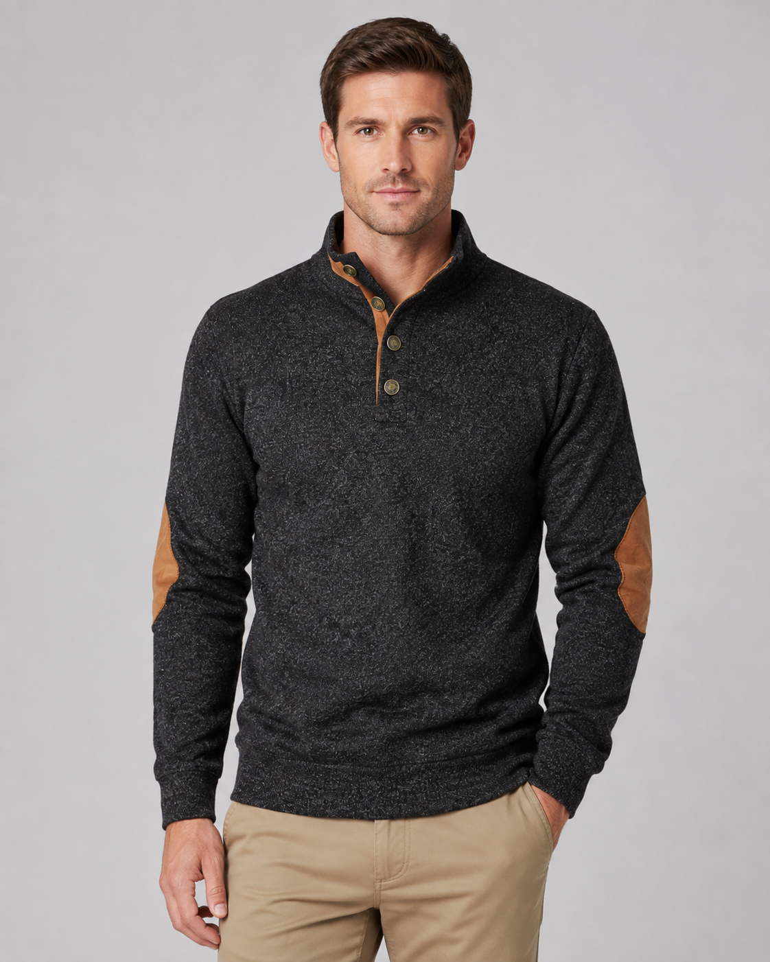 Men's Button Neck Sweater - Heathered Stand Collar Knit