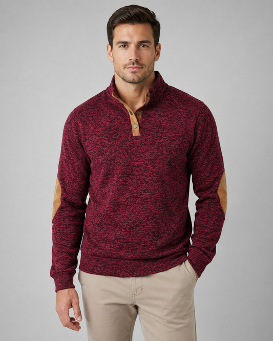 Men's Button Neck Sweater - Heathered Stand Collar Knit