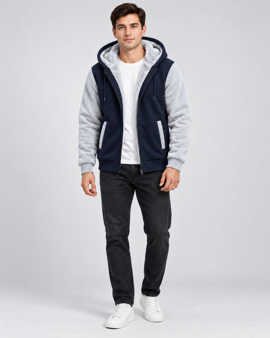 Men's Fleece Zip Up Hoodie Jacket - Hooded Contrast Sleeve