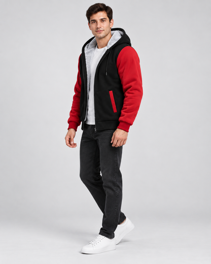 Men's Fleece Zip Up Hoodie Jacket - Hooded Contrast Sleeve