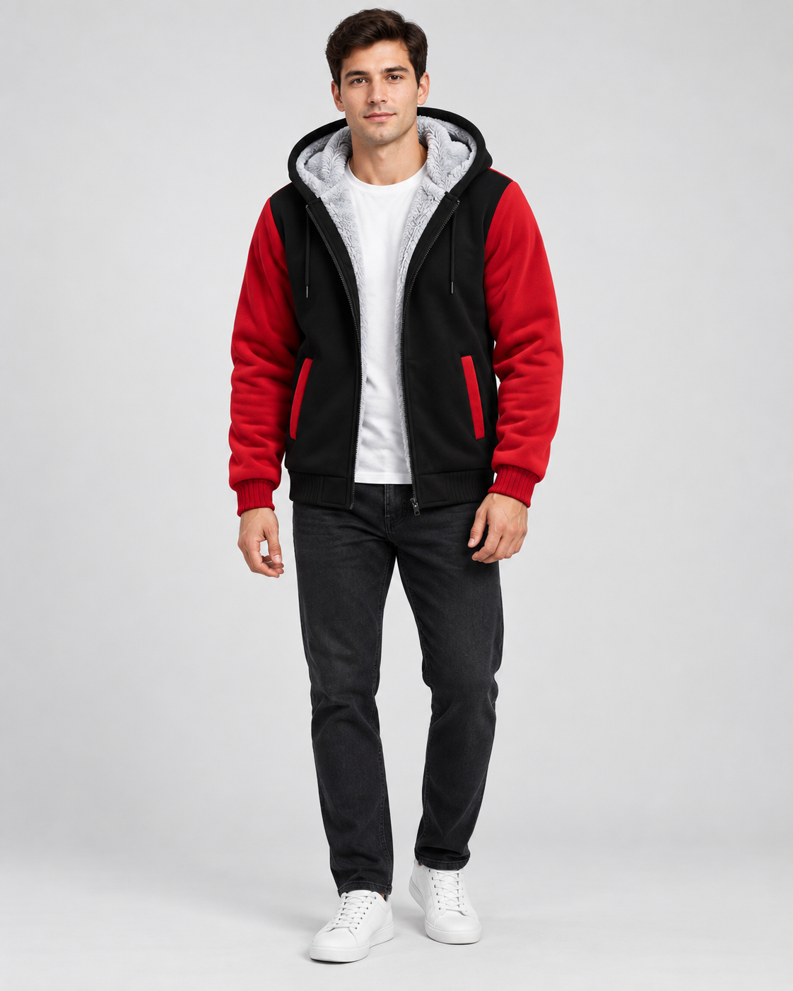 Men's Fleece Zip Up Hoodie Jacket - Hooded Contrast Sleeve