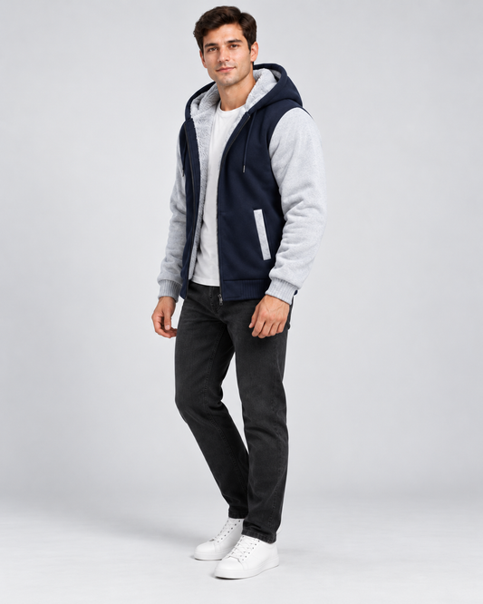 Men's Fleece Zip Up Hoodie Jacket - Hooded Contrast Sleeve