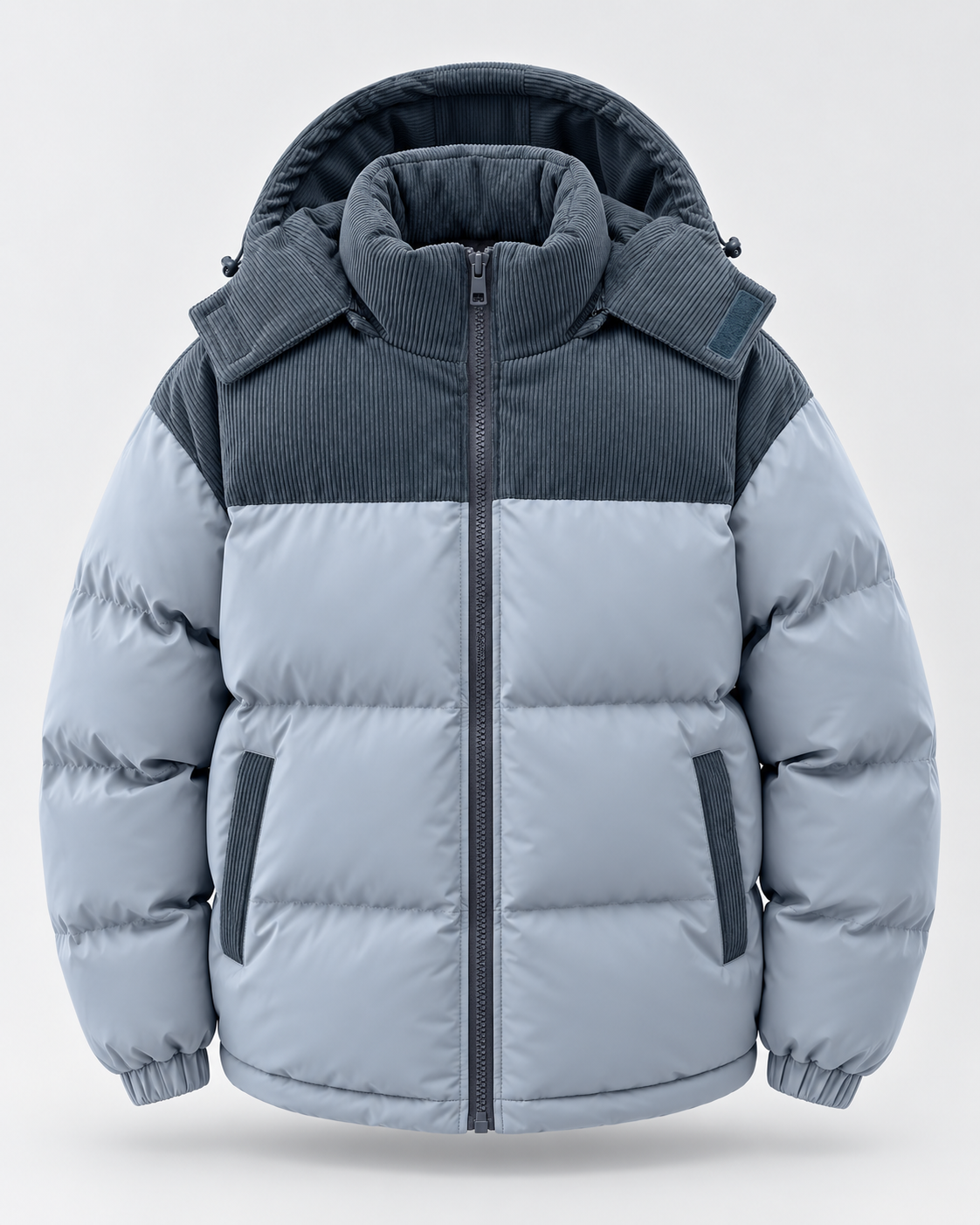 Men's Puffer Jacket - Hooded Corduroy Panel