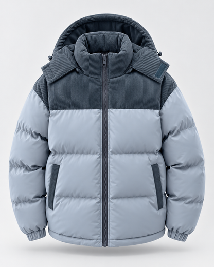 Men's Puffer Jacket - Hooded Corduroy Panel