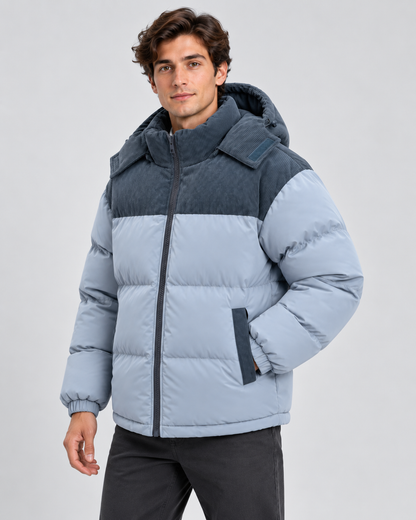 Men's Puffer Jacket - Hooded Corduroy Panel