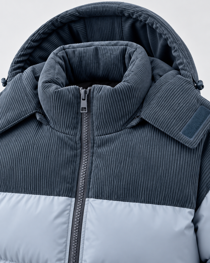 Men's Puffer Jacket - Hooded Corduroy Panel