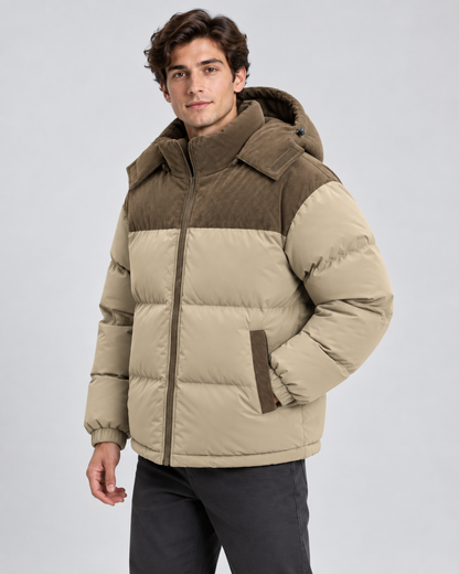 Men's Puffer Jacket - Hooded Corduroy Panel