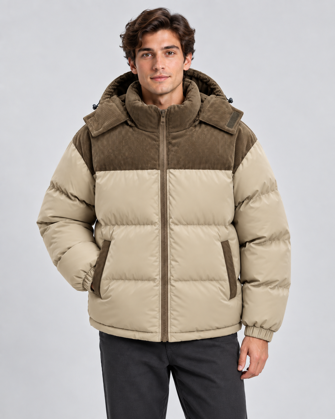 Men's Puffer Jacket - Hooded Corduroy Panel